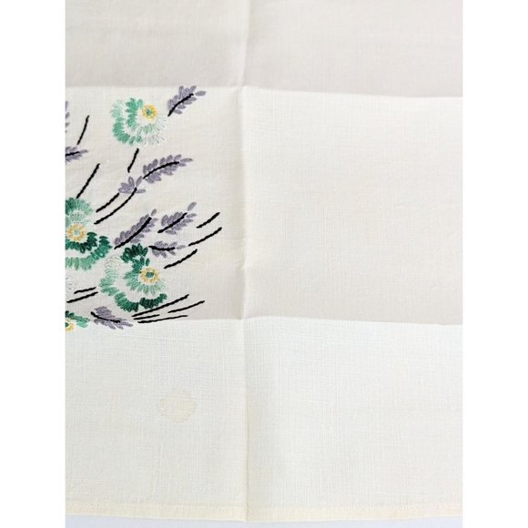 Teal Flowers Lavender Hand Embroidered Linen Dish Towel Vtg Floral Embroidery - Picture 8 of 9